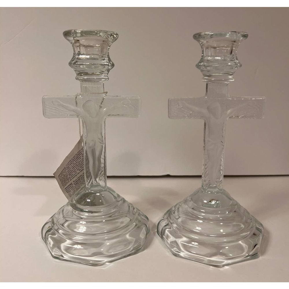 Home Interiors Embossed Jesus on the Cross Candlesticks Set of 2 7 1/4" Tall